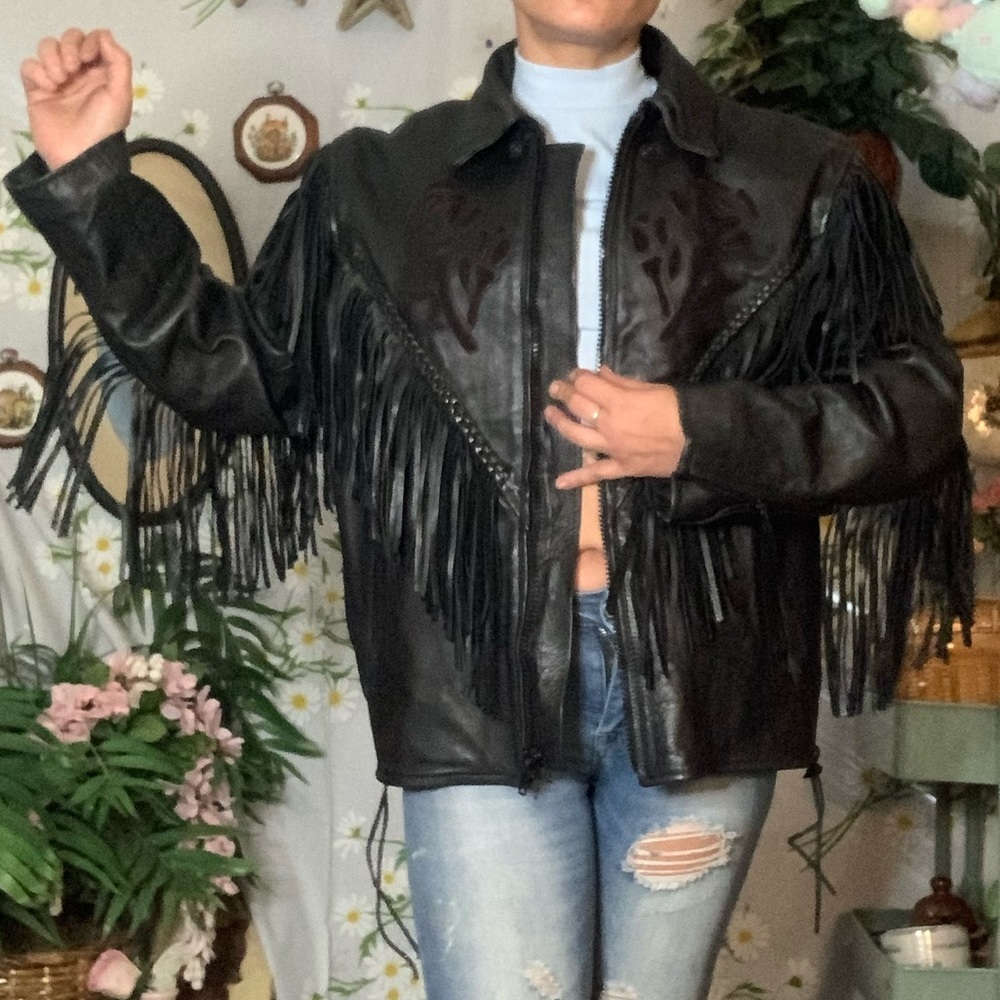 Vintage 80s black leather fringe biker jacket rose patchwork braided accents - Picture 3 of 11